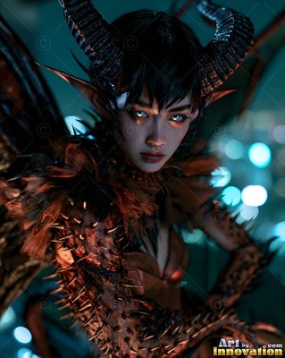 A horned woman with pointed ears wears a spiky dark outfit