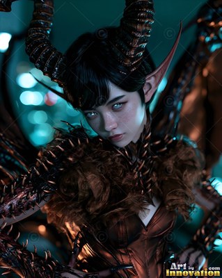 Curved ribbed horns top the head of a dark-haired horned woman before blurry teal lights