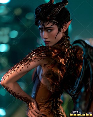 A horned woman turns her head, her spiked skin caught in soft green light