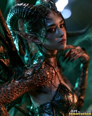 Turned to the side, a horned woman in black stands in green smoke