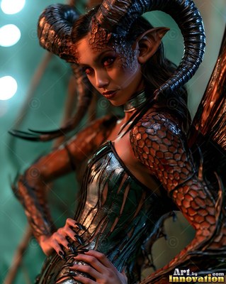 A horned woman with scaled arms poses in a shiny dark dress in soft light