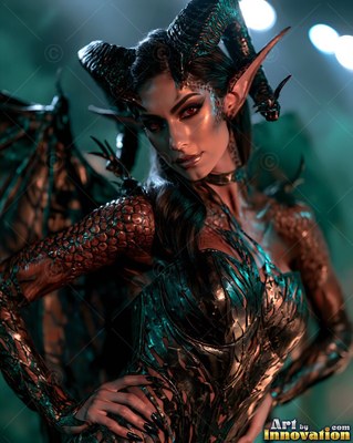 In dim green light, a woman with horns and sharp ears poses in dark armor
