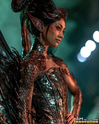 Standing in profile, a horned woman wears a shiny dark corset with scaled sleeves