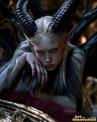 Pale horned woman with red eyes resting her chin on a scaly hand