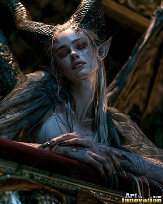 Curled dark horns frame a horned woman with peaked ears resting on a red rail in warm light