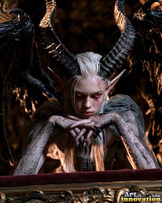 A horned woman leans her chin on clawed hands under dim warm light