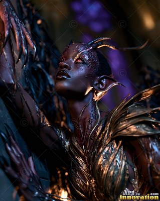 A horned woman with dark skin looks up wearing a bronze leaf top