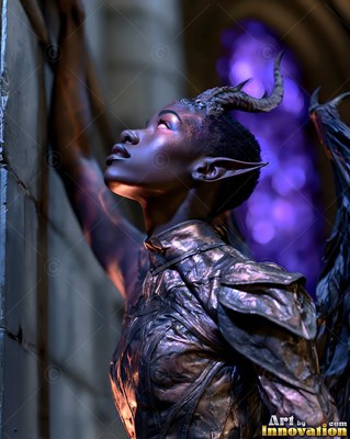 By a stone pillar, a horned woman in metallic armor looks up toward purple light