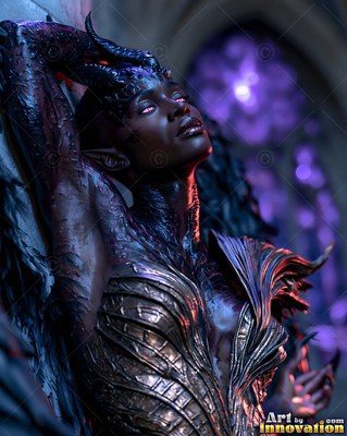 Leaning back with dark horns, a horned woman rests near purple light