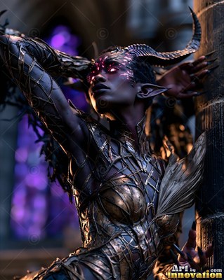 Horned woman in metallic armor leaning against a stone pillar