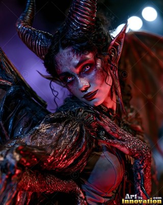 Curved black horns crown a horned, winged woman in dark ruffled clothes under purple light