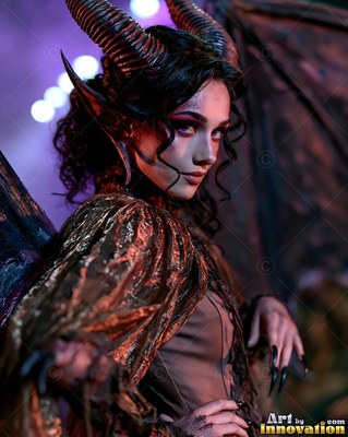 A horned woman turns her head to look back, lit by a soft purple haze