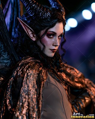 Turned sideways in a dark hall, a horned woman with black wings glances back
