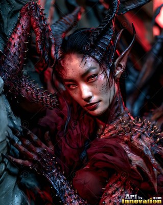 In dim red light, a horned woman with pointed ears poses in spiky red wings