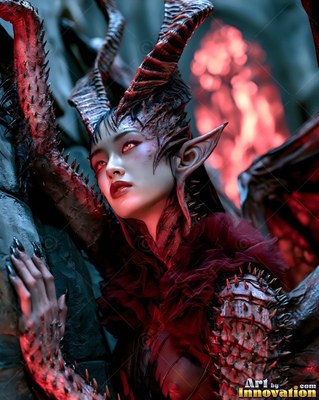 Leaning on stone, a horned demon woman in a black dress looks upward in red light