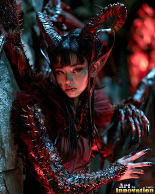 Horned woman with spiked arms looks forward in red light