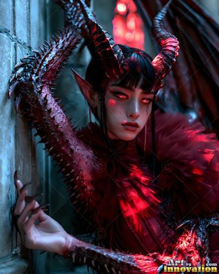 Curved horns rise from a horned woman in red ruffles leaning by a stone wall