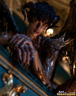 A winged woman with horns leans over a balcony railing in warm yellow light