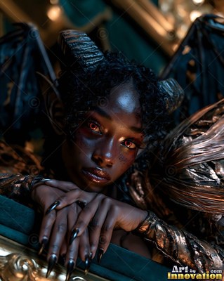 Lying on a dark sofa, a horned winged woman with red eyes rests her chin on her hands