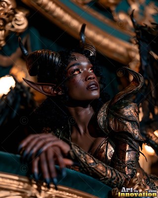 A horned Black woman in metallic armor leans forward and looks up