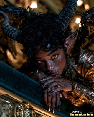 In a dim room, a horned woman with peaked ears leans her chin on her hands