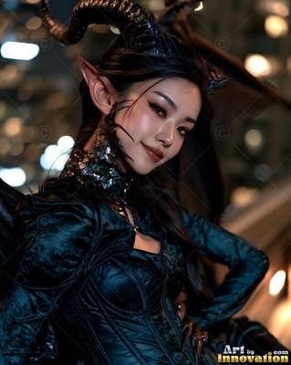 Smiling gently, a horned woman poses in a dark velvet corset with soft city lights behind her