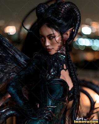 Horned woman in a dark corset with wings against city lights