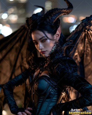 A horned woman in a black corset and dark wings stands before blurry city lights