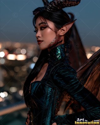 A horned woman looks away into the dark city lights with teal shine on her dress