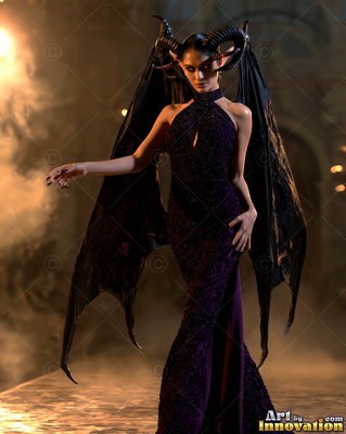 Standing in a smoky hall, a horned woman poses in a dark purple dress