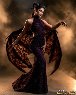 A horned woman in a dark purple dress poses with fiery wings against smoky brown light