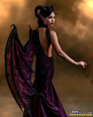 In warm smoke, a horned woman in a dark purple gown looks back over her wing