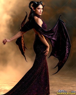 Glancing back, a horned woman in a dark purple gown spreads bat wings in warm fog