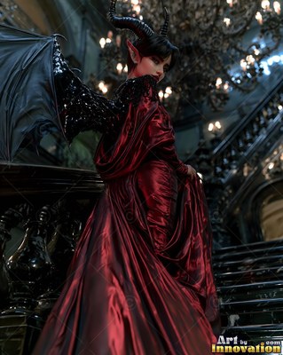 Horned winged woman in a red satin gown on a dark staircase