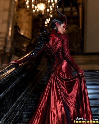 A horned woman walks upstairs in a dark red satin gown with a hooded collar, glancing back over her shoulder