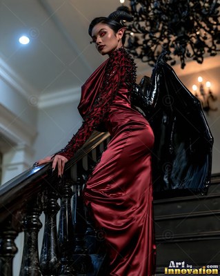 A horned woman pauses on a dark staircase under warm yellow chandelier light