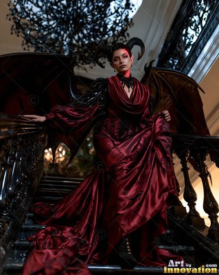 Standing on a grand staircase, a horned woman poses in a dark red gown