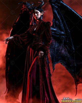 A horned woman in a red velvet gown stands with black wings in red smoke