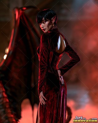 In red haze, a winged woman in a red velvet dress glances over her shoulder