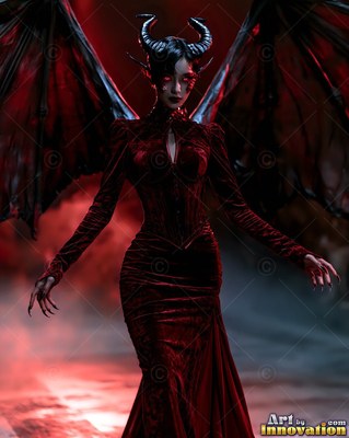 Stepping forward, a horned winged woman wears a dark red velvet gown in smoke