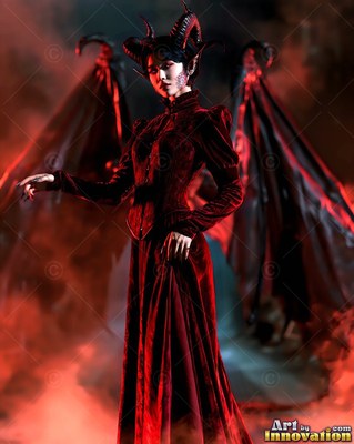 Horned woman in a dark red dress standing in smoke