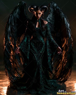 Large black wings spread behind a horned woman in a dark green gown in a dim room
