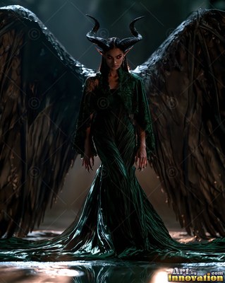 A horned woman spreads large black wings while standing in cool dim light