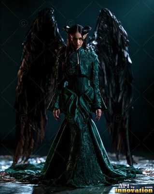 A horned woman in a dark green dress stands with large black wings spread