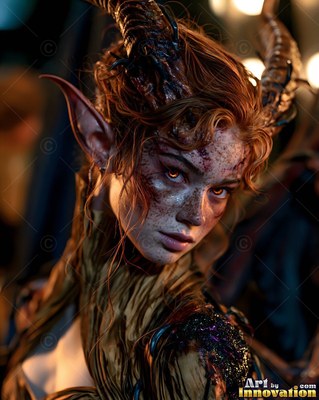 In a dim room, a horned woman with sharp ears and dark horns turns toward the light