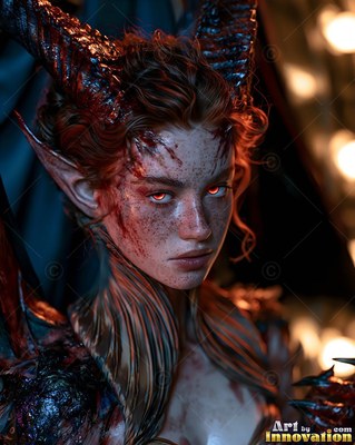Staring forward, a horned woman with red hair and pointed ears stands in warm light
