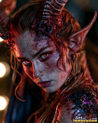 Woman with curved horns, pointed ears, and red eyes in warm light