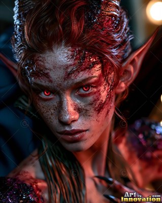 Pointed elf ears frame a freckled demon woman with bright red eyes in dim light