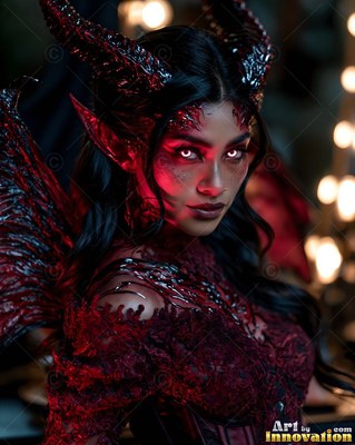A horned woman stares forward in a dark red gown by soft warm lights
