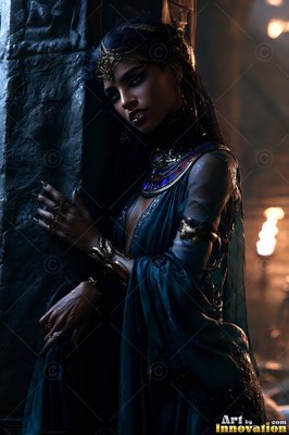 In a dark stone hall, a vampire woman in a teal gown leans against a pillar